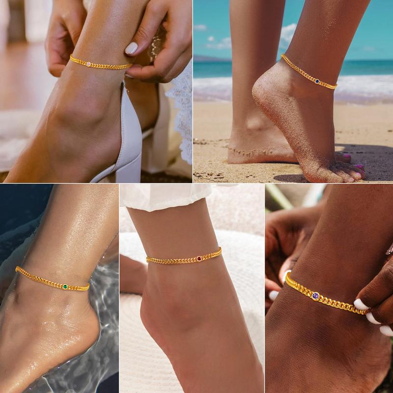 FindChic Round Gemstone Anklet 12 Months Stone Figaro Chain Anklets Cubic Zirconia Ankle Foot Summer Jewelry For Women Men Girlfriend Boyfriend