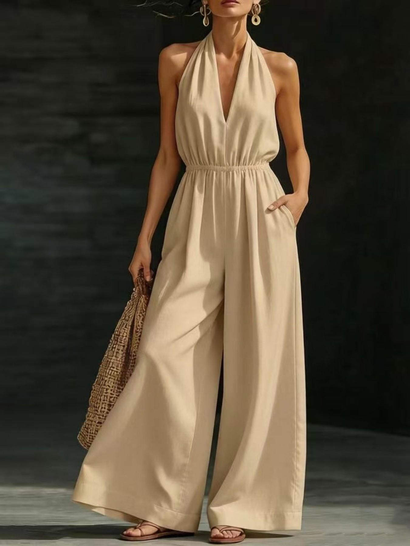 Women's V-Neck Halter Backless One-Piece Dress, Elegant Design, Fashionable Office Wear, French Style, Perfect for Daily Use