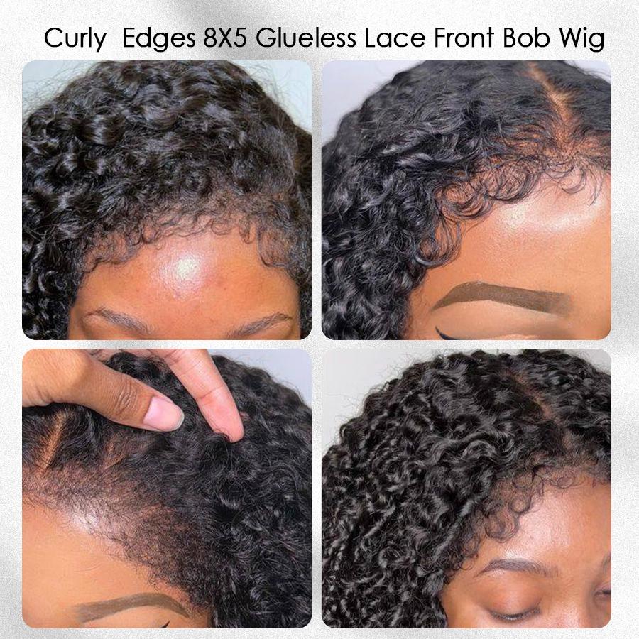 Pizazz Hair 4C Edges Curly Bye Bye Knots Bob Wig 280% Density 8x5 Lace Front Wigs Human Hair Pre Bleached Pre Plucked with Curly Baby Hair Hairline Transparent HD Lace Frontal Wig