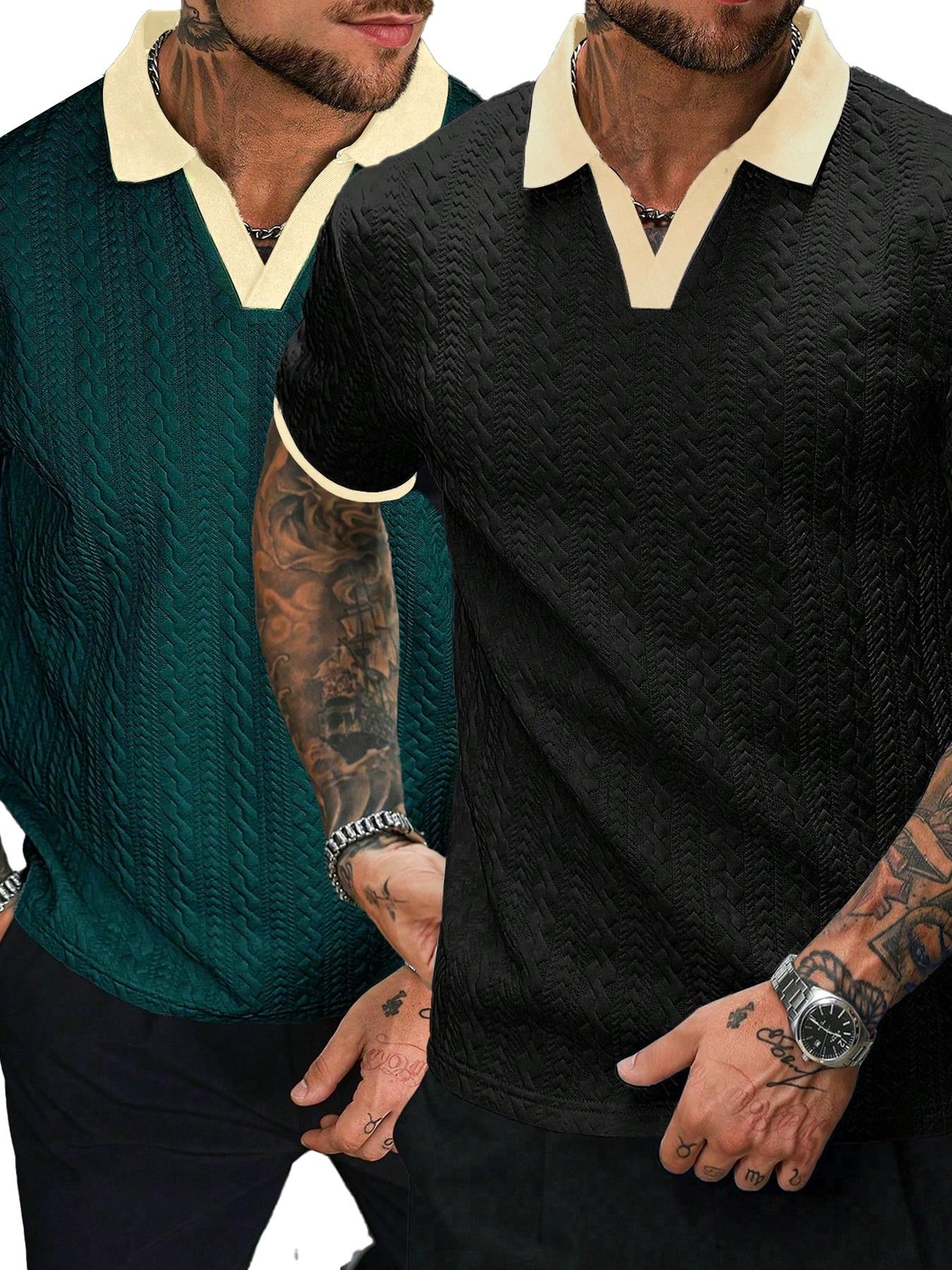 Men's Retro Colorblock Polo Shirt, Textured V Neck Short Sleeve Top, Casual Street Style, Summer Fashion, Fitted Leisurewear Men's Retro Colorblock Polo Shirt, Textured V Neck Short Sleeve Top, Casual Street Style, Summer Fashion, Fitted Leisurewear