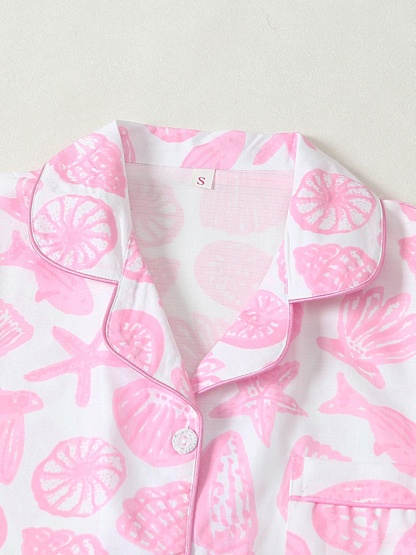 Women's Pajama Set, Shell Starfish Print Loungewear, Short Sleeve Button-Down Shirt & Elastic Waist Shorts, Casual and Comfortable Nightwear for All Seasons, Pyjamas Set