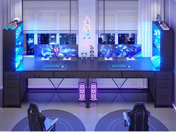 SEDETA 47.2 Inch Reversible Gaming Desk with LED Lights Drawer Storage Bookshelf for Small Spaces Organization Interior