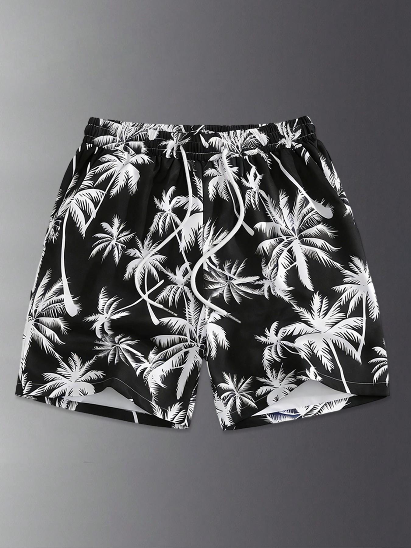 Men's Random Palm Tree Print Boxer Brief Swim Shorts, Regular Fit Casual Comfy Breathable Swim Shorts for Summer, Men's Swimwear for Beach Vacation