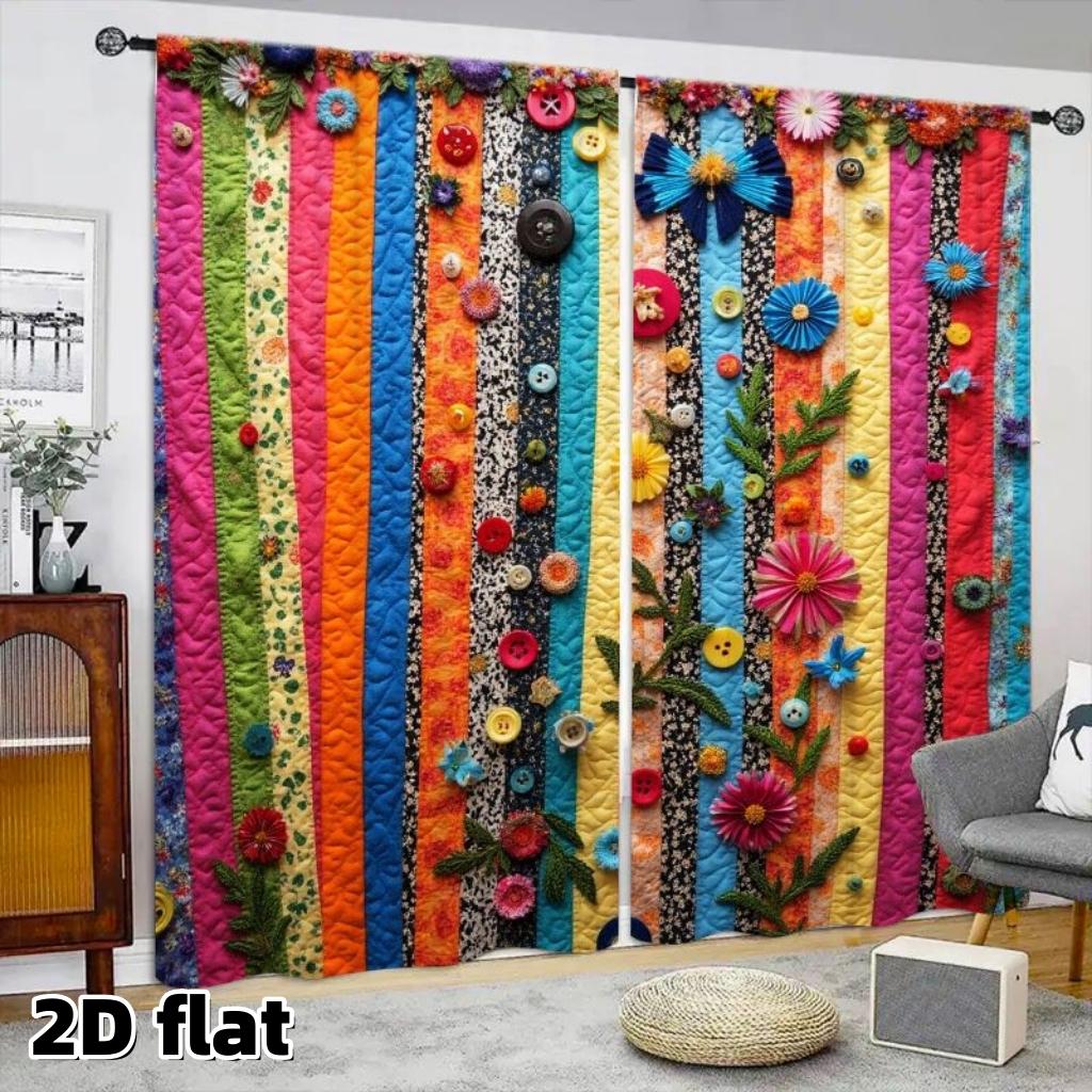 2D Flat 2Pcs Quilted Patchwork Curtains, Multicolored Stripe Design with Button Flower Decorations, Rod Pocket Style, Polyester Fabric, Boho Chic Home Decor, Semi Sunshade, Suitable for Living Room Bedroom Window, Handcrafted Bohemian.