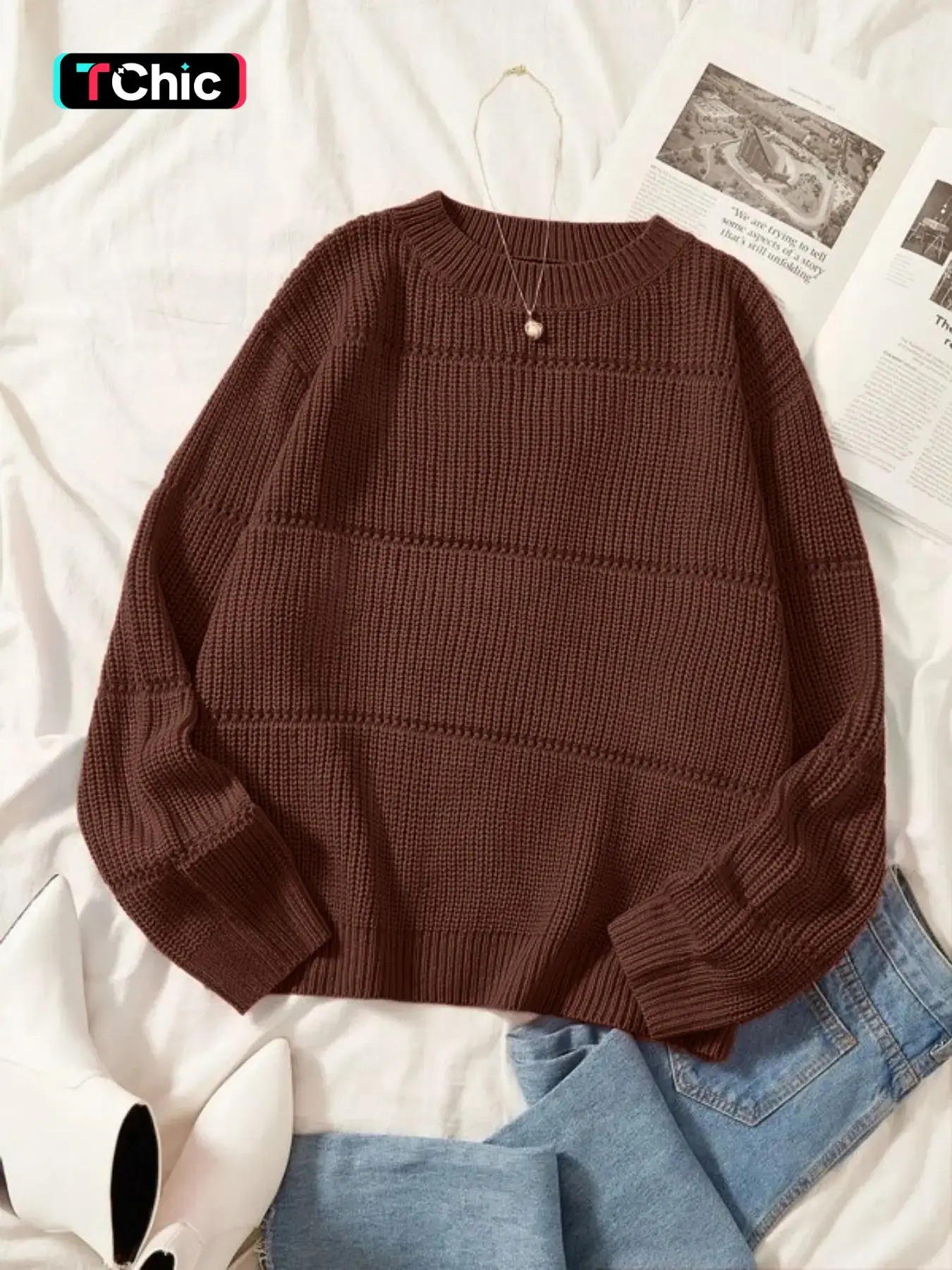 Women's Simple Minimalist Plain Textured Round Neck Sweater, Comfy Clothes for Women, Casual Basic Comfort Drop Shoulder Crewneck Long Sleeve Jumper for Fall, Ladies Knitwear for Fall Daily Wear, Womenswear, Fall Outfits, Earthtone Fallfreshness