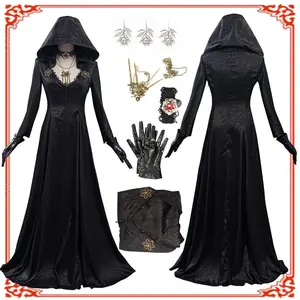 In Stock Moth Lady Evil Cosplay Fantasia Village Vampire Lady Dimitrescu Costume Women Black Dress Halloween Carnival Party Suit