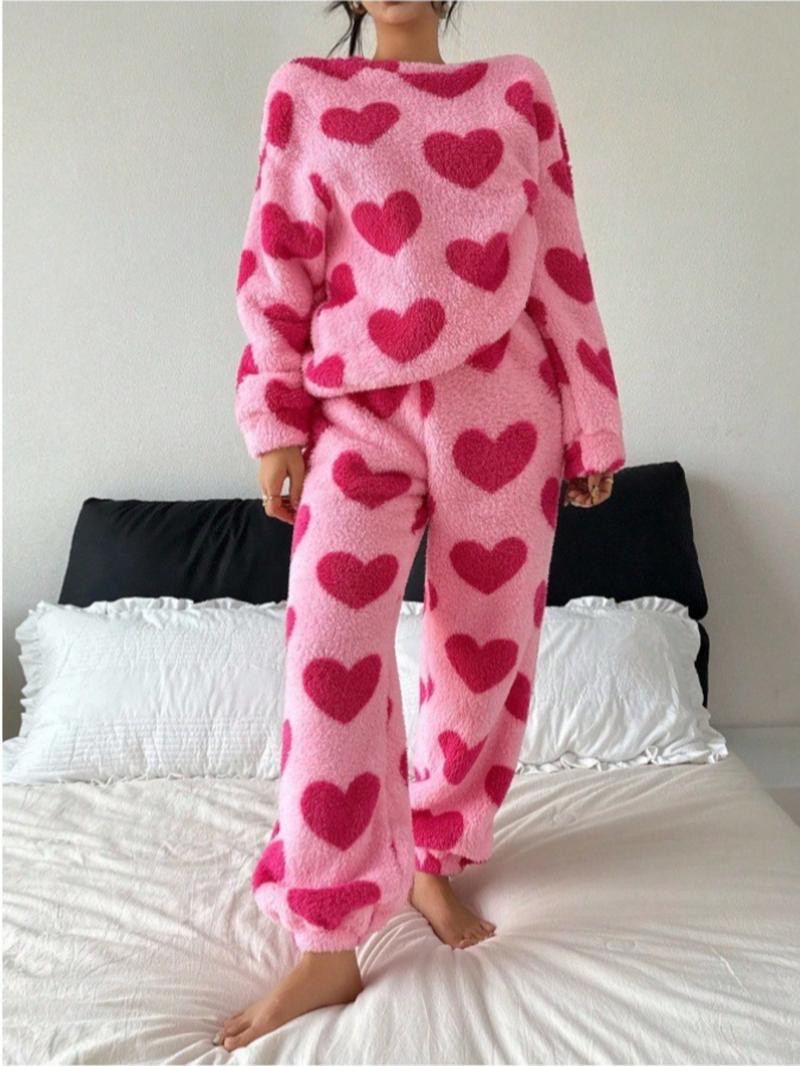 Women's Fall Winter Heart Print Fleece Pajama Set, Warm & Cozy Sleepwear, Long Sleeve Round Neck Loungewear, Casual Home Wear