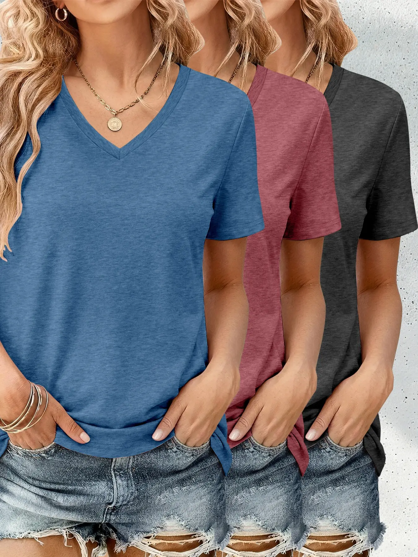 3-Pack Women's Fashion V-Neck Short Sleeve Basic T-Shirts, Cute Summer Tops, Casual Daily Wear, Comfortable Solid Color Tees