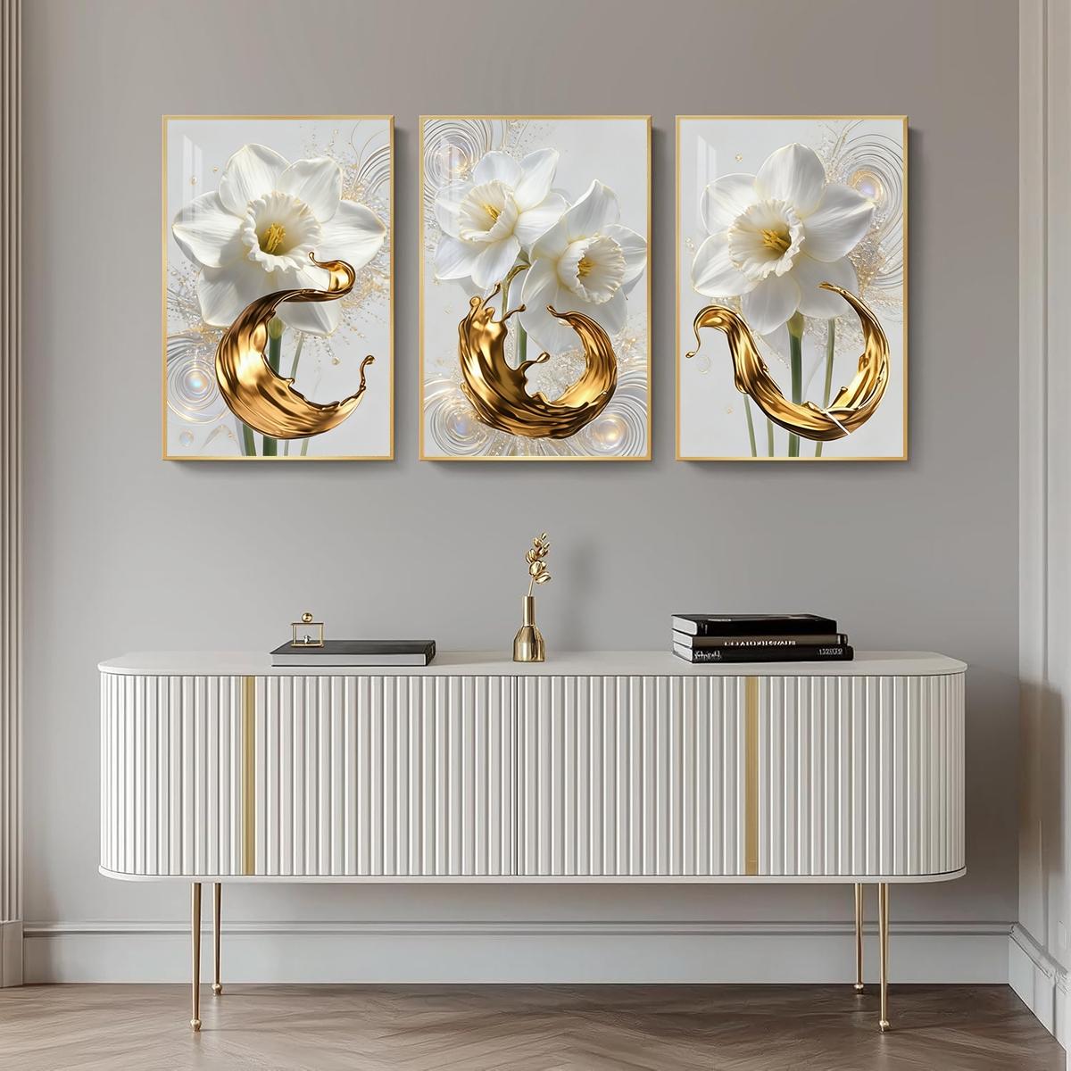 3 Counts Aluminum Alloy Framed Painting, White Daffodil Flowers With Golden Liquid Art Pictures, Home Decoration For Living Room, Bedroom, Office, Restaurant, Hallway Wall Decor, Odorless Print Artwork, Luxury Perfect Gift For Friends And Family