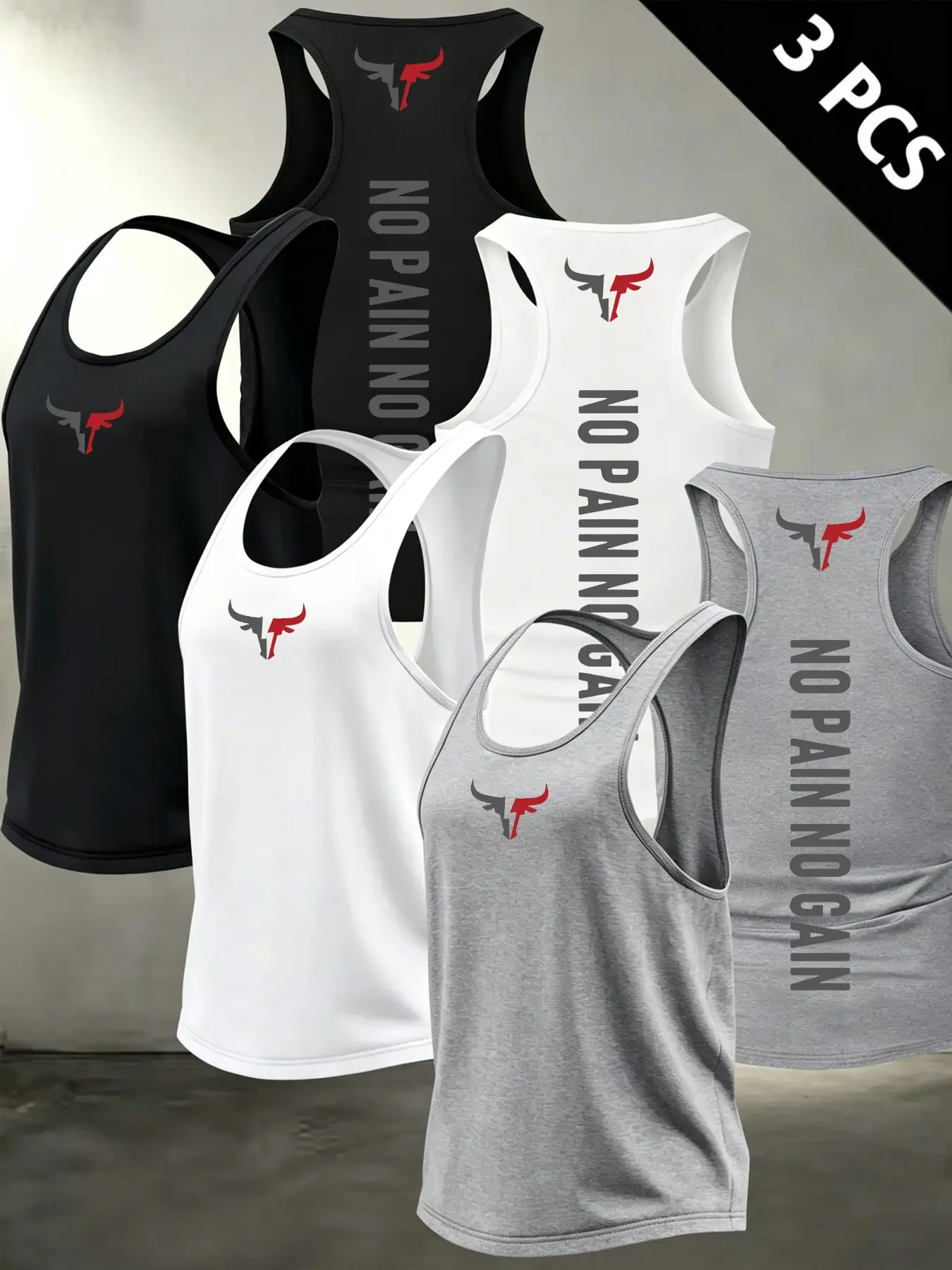 3Pcs Men's No Pain No Gain Gym Racerback Tank Tops, Muscle Fit Sleeveless Workout Vest, Breathable Stringer Tank for Weightlifting, Running, Camping & Daily Casual, One Top Multi Wear