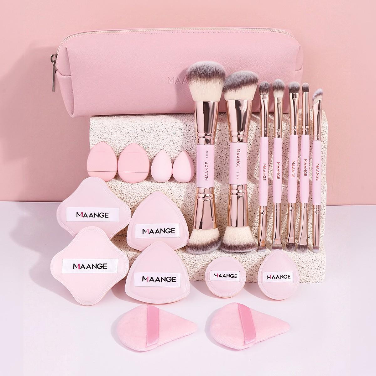 Maange Makeup Brush Set, Makeup Brushes Kits, 7 Dual-Ended Brushes + 12 Powder Puffs + 1 Makeup Bag with Metal Frame, Complete Beauty Tool Kit