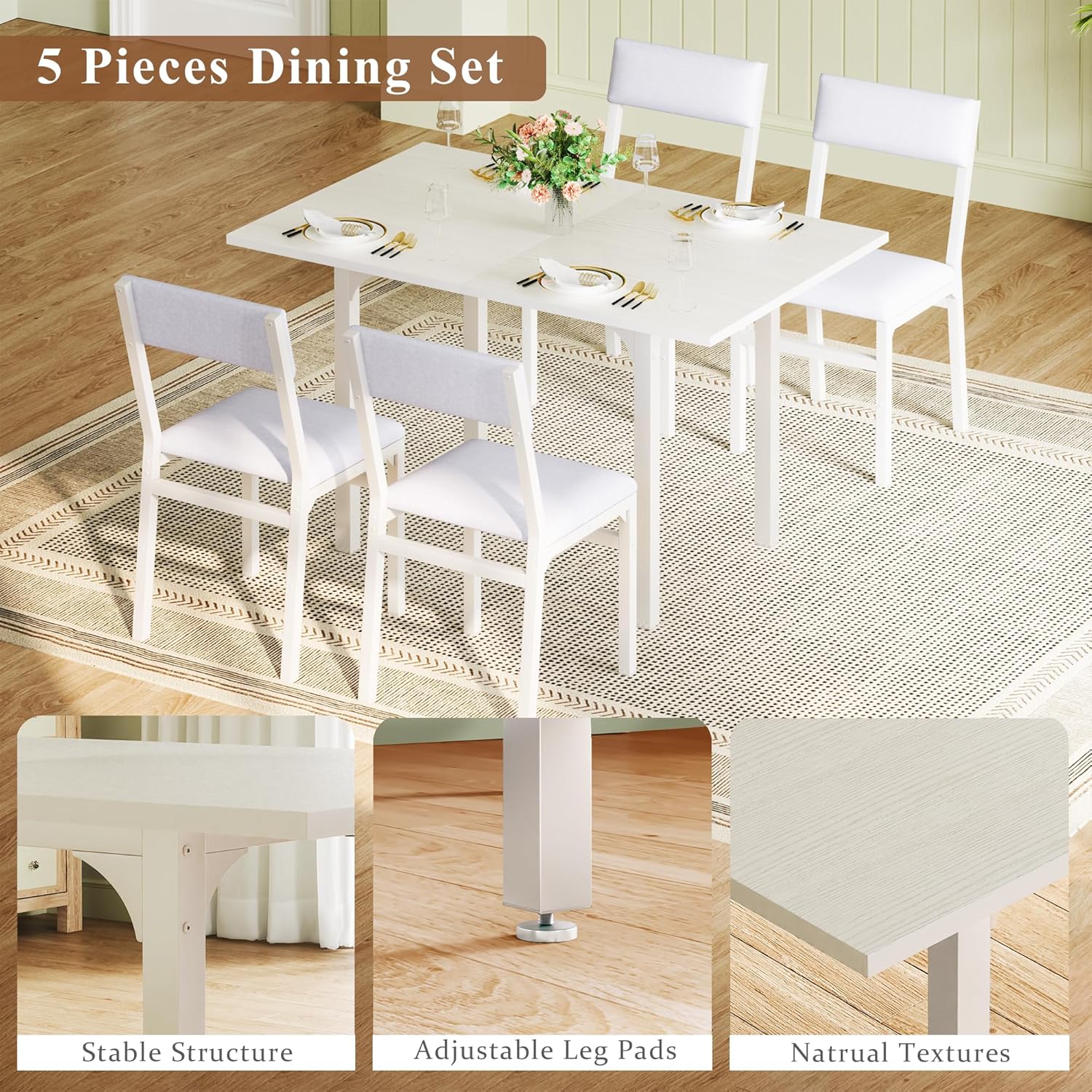 Dining Table Set for 4, Extendable Kitchen Table Cushion Chairs Set of 4, Rectangle Dining Table with Metal Frame & MDF Board, Folding for Small Apartment Saving Space, White