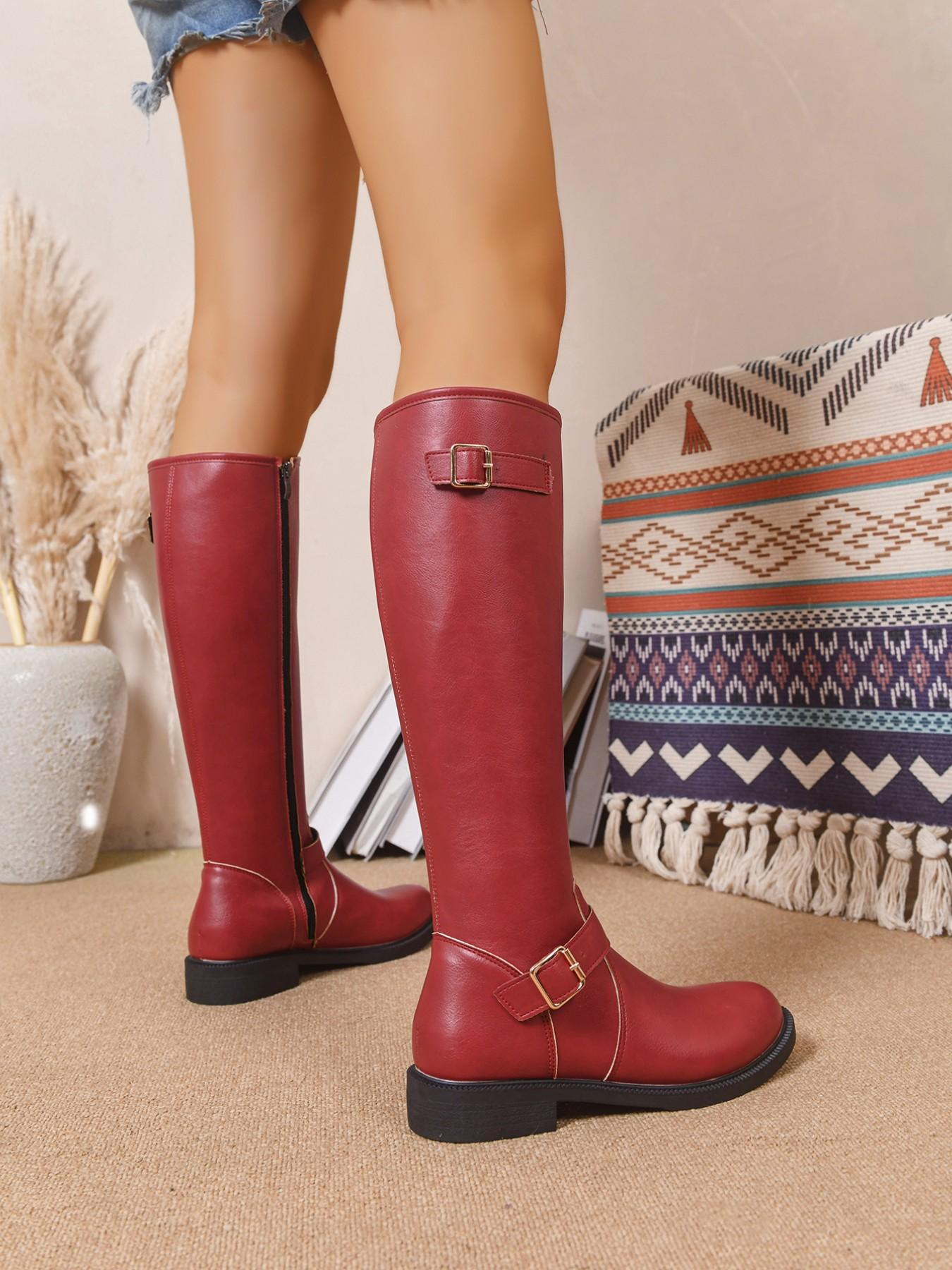 Simple Straight Calf Knight Boots, Round Toe Flat Sole, Dual Buckle Decor, Distressed PU Leather, Side Zipper, Daily Wear Tall Boots