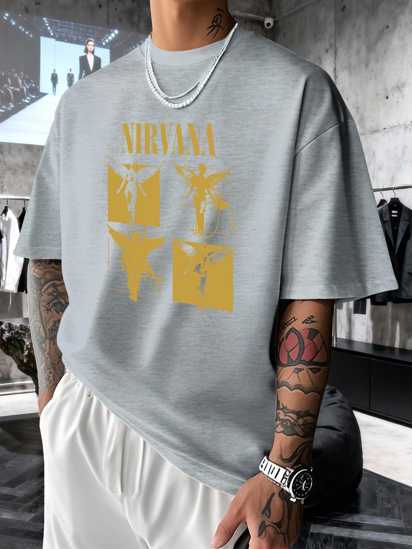 Nirvana Retro Rock Print Men's Fashion T-Shirt, Casual Graphic Short Sleeve Top, Comfortable Round Neck Tee for Spring Summer