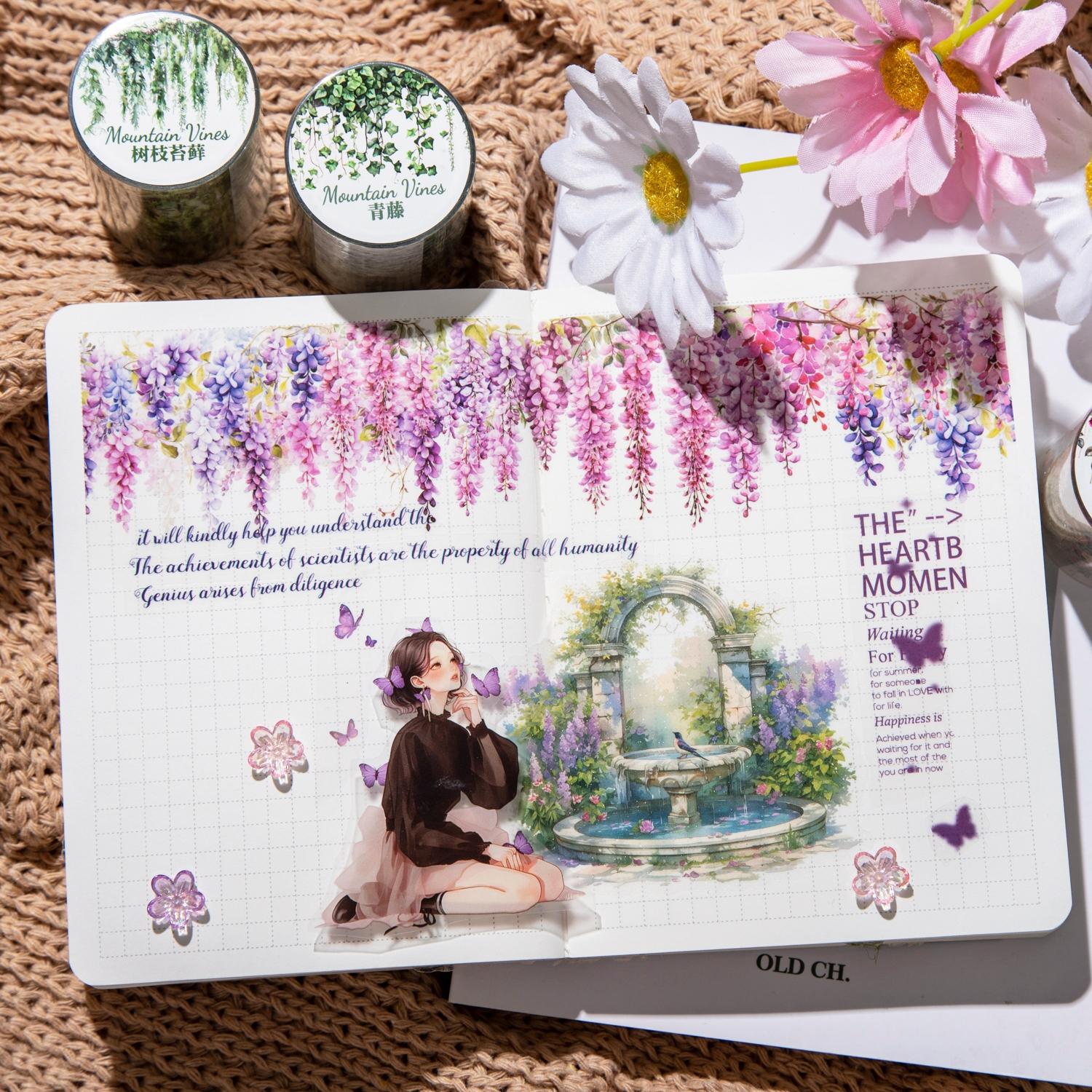 Mountain Vine Theme DIY Scrapbook Stickers Roll, Graphic Decal, Pet Tape Decorative Journal Album, Handmade Craft Supplies for Creative Projects