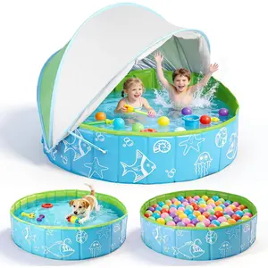 47.3" Foldable Kiddie Pool with Canopy, Hard Plastic Pool Suitable for Toddler and Baby, Designed for Use in Backyard, Beach, Park, Blue and Green(No Sprayer)