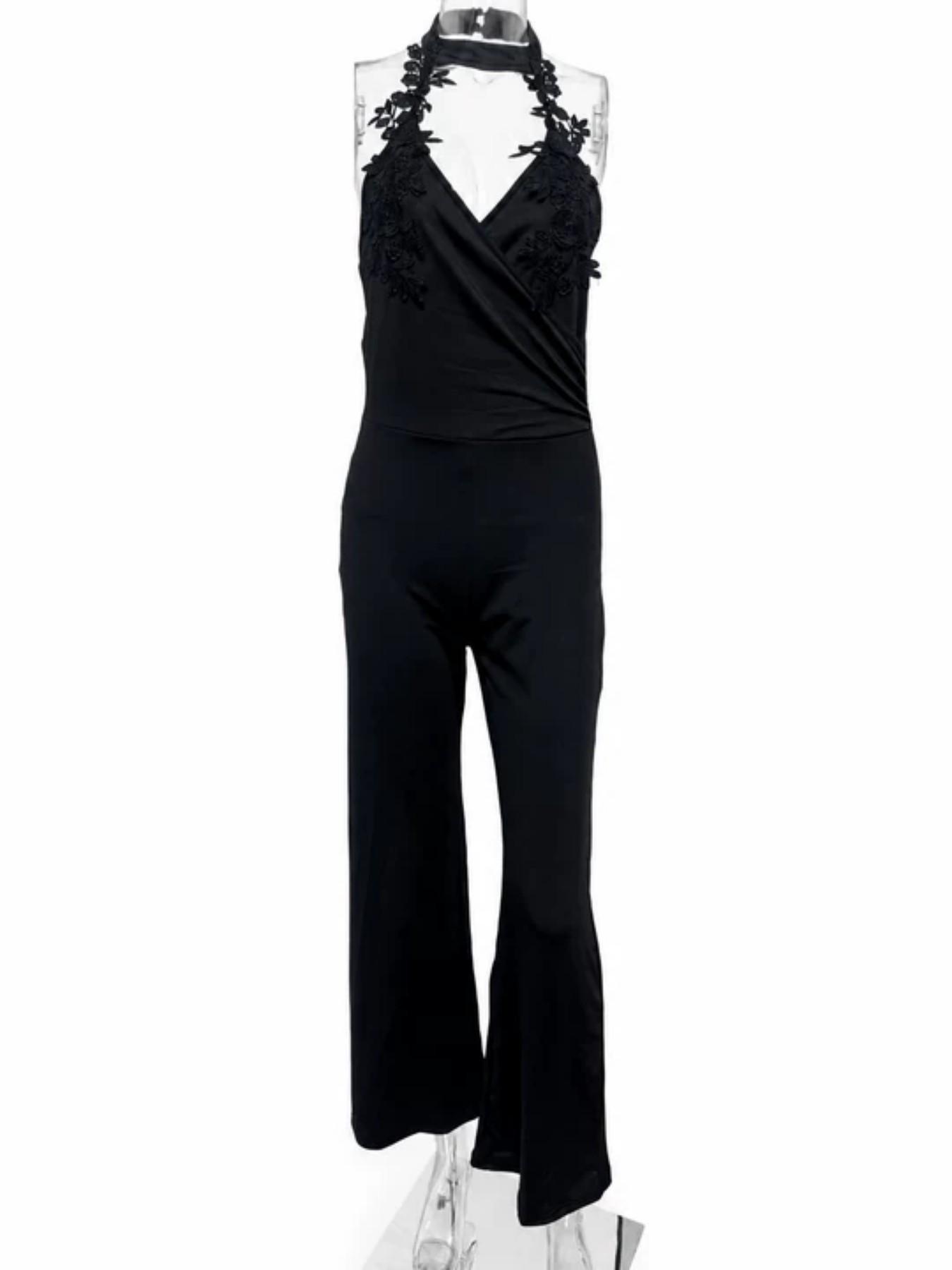 Floral Lace Halter Deep V Cross Back High Waist Bodycon Pants, Sexy & Elegant Design for Dates & Parties, Perfect Fit for Special Occasions