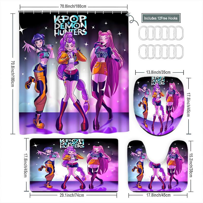 Trendy K-Pop Shower Curtain Set, Includes Bath Mat, Toilet Lid Cover & U-Shaped Tray, Perfect Bathroom Decor Gift for Friends Family, Bathroom Shower Equipment