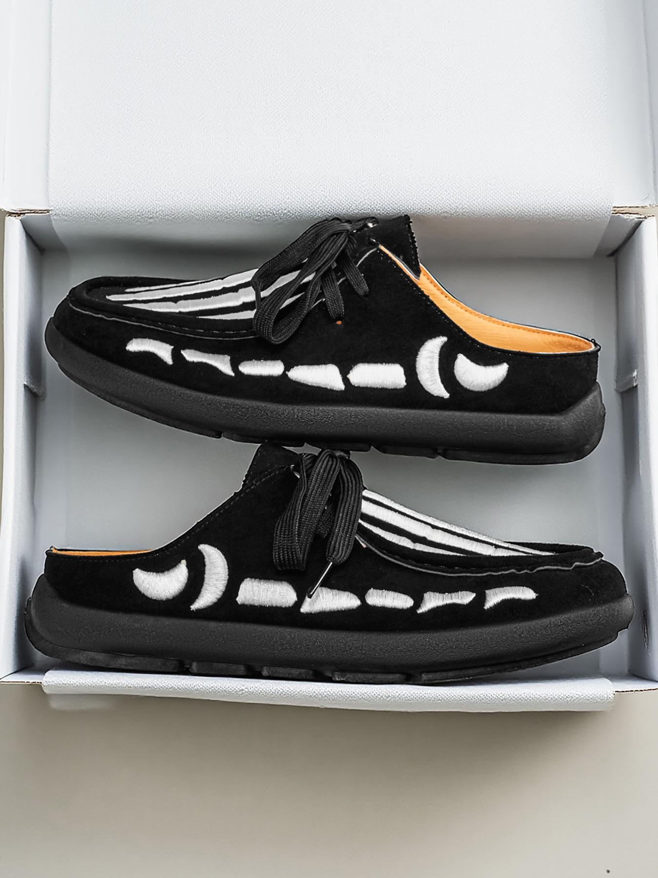 Men's Skull Print Slip-On Mules, Gothic Casual Half Sandals, All Season Lightweight Shoes, Sizes 39-46, Dark Academia Style