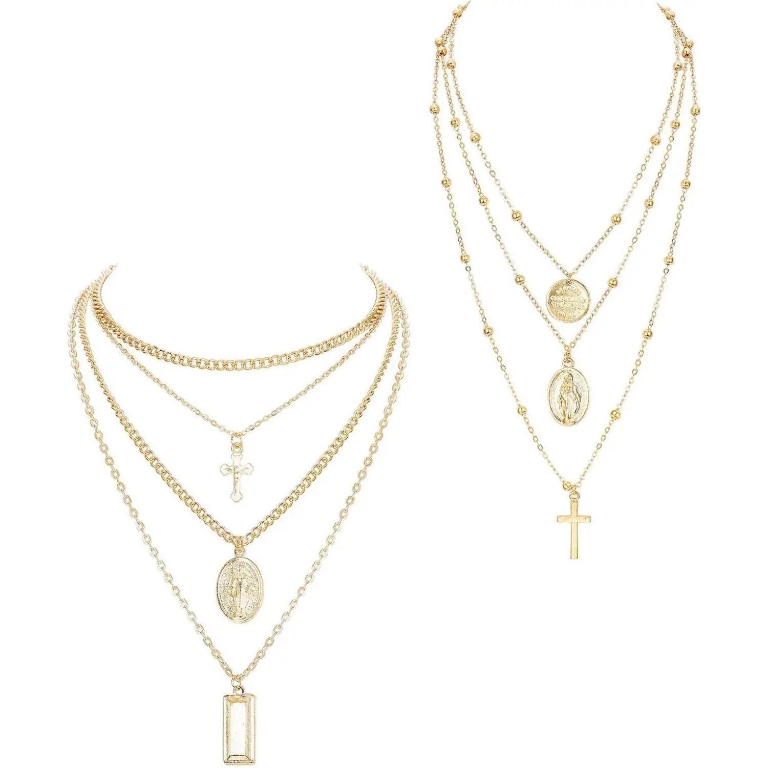THUNARAZ 2-Piece Layered Necklaces for Women - Coin & Cross Tag Choker, Crucifix & Blessed Virgin Mary Pendant Costume Jewelry Chains