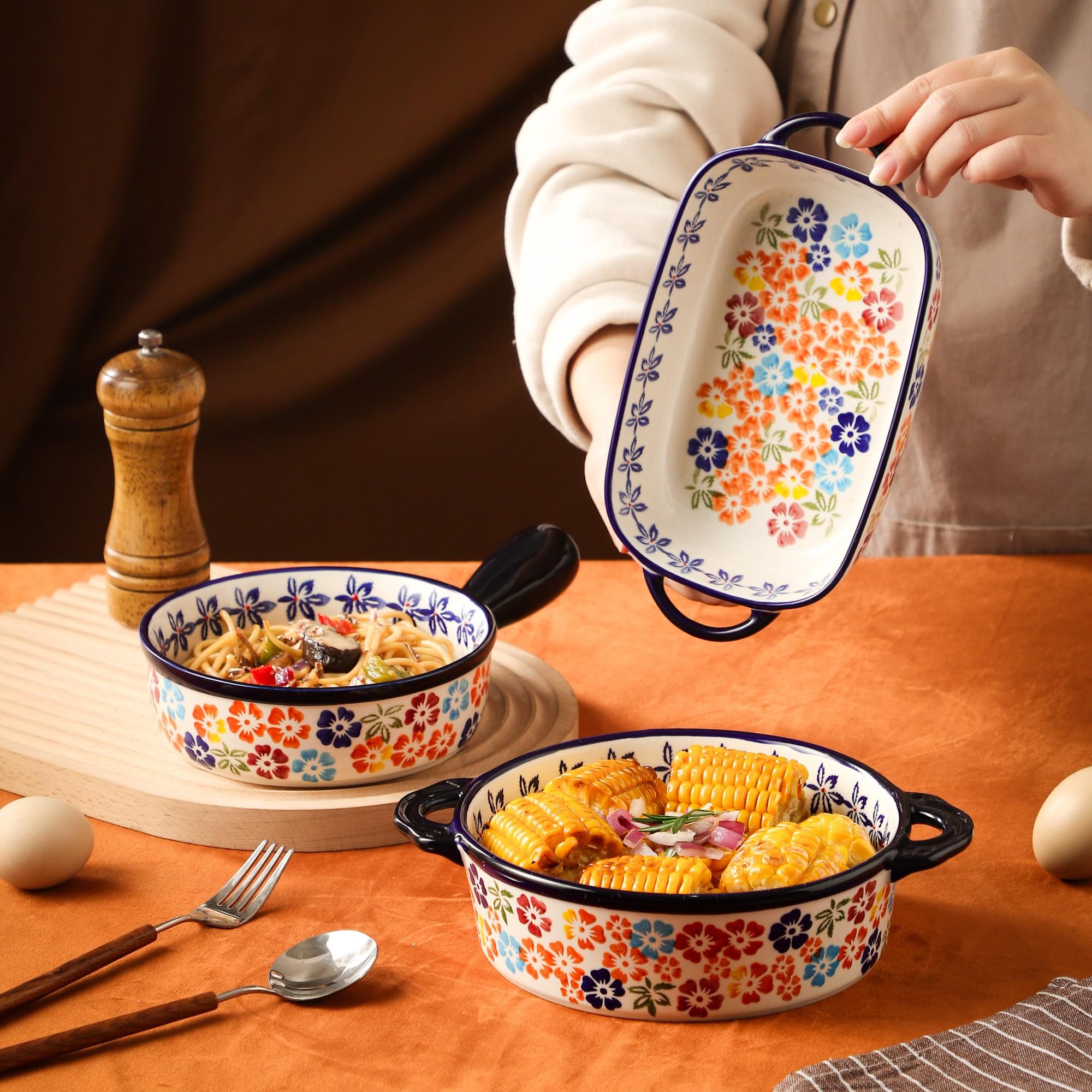 Vintage Ceramic Baking Tray, Heat Resistant Bakeware, Rectangle Fruit Bowl & Cheese Baked Rice Serving Dish, Ideal for Oven & Microwave Use at Home, Thermal Casserole Dish