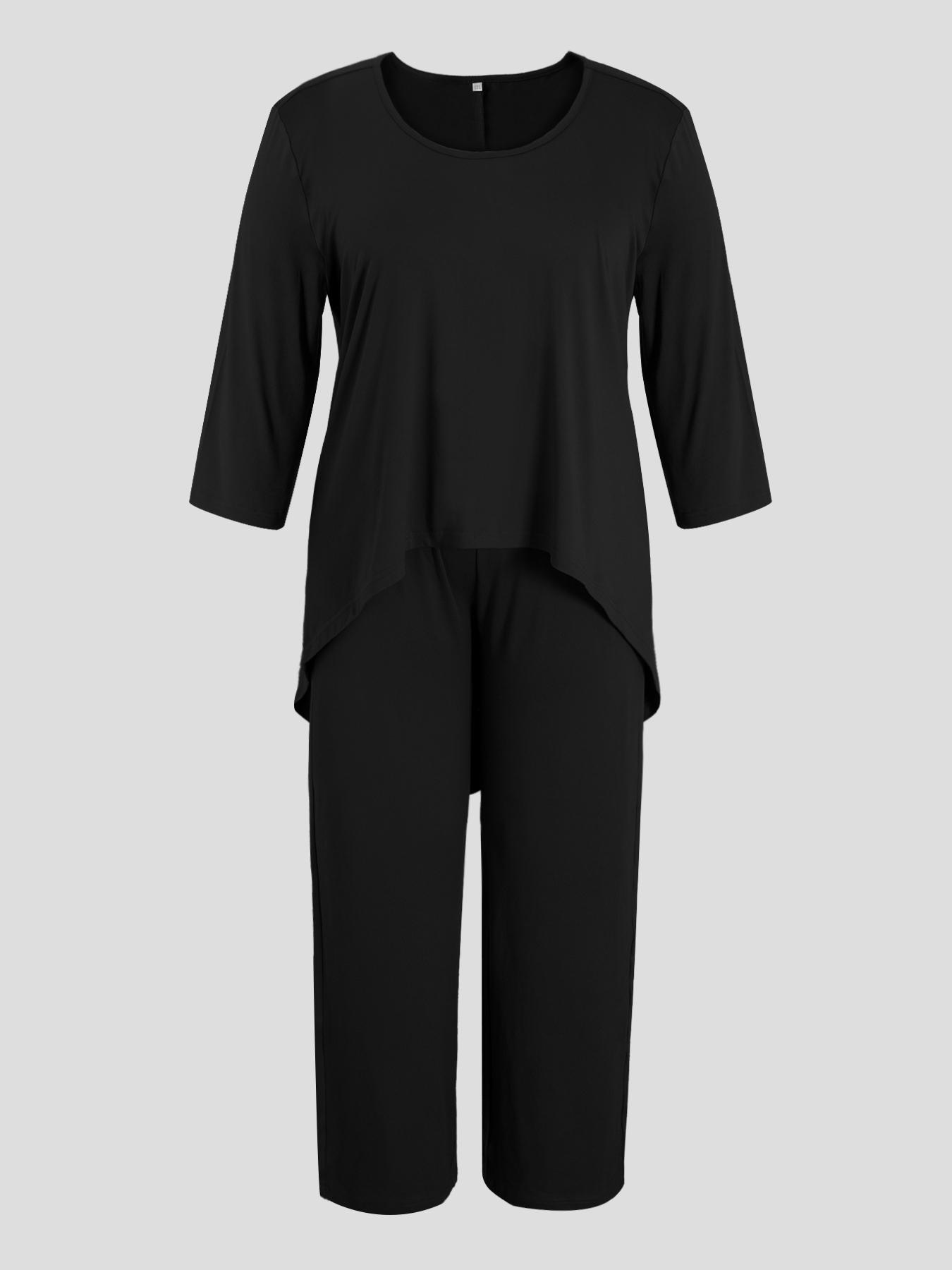 Plus Size Solid Knit Round Neck Set, 2 Counts/set  Casual Cozy Loose Long Sleeve High Low Tee & Pants for Daily Wear, Women's Outfits for Spring & Fall