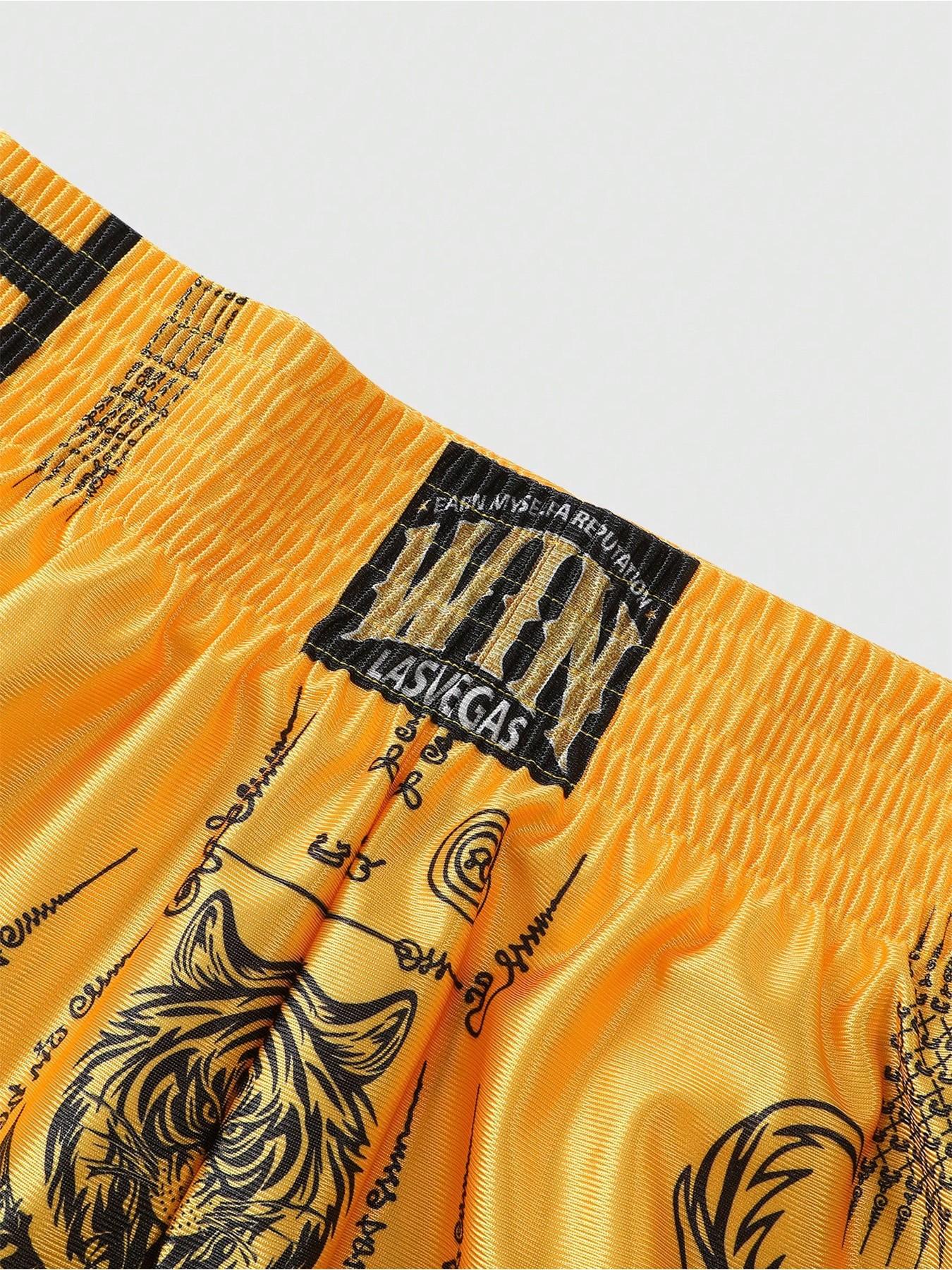 Men's Short Pants Set, Elastic Waist, High Stretch, High-Waisted, Super Short, Glossy Fabric, Dragon Tiger Print, Muay Thai Shorts