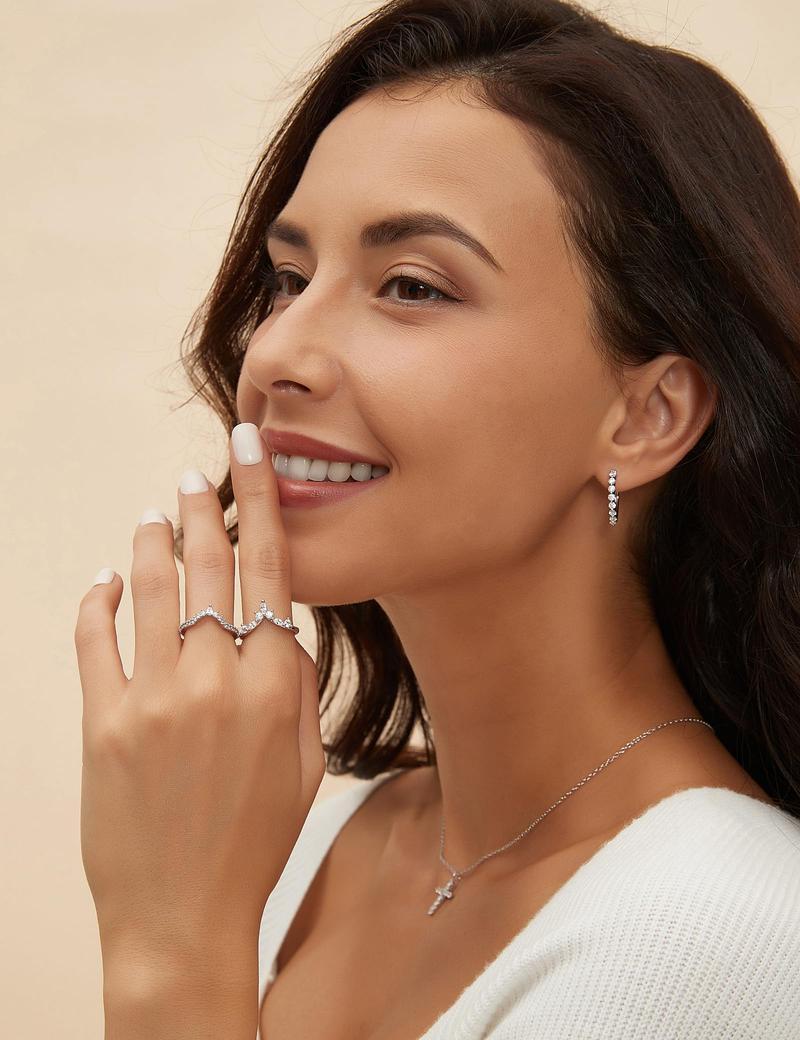 EAMTI 925 Sterling Silver Wedding Bands for Women Pear & Round Shaped Stackable Cubic Zirconia Half Eternity CZ Curved Engagement Rings for Her