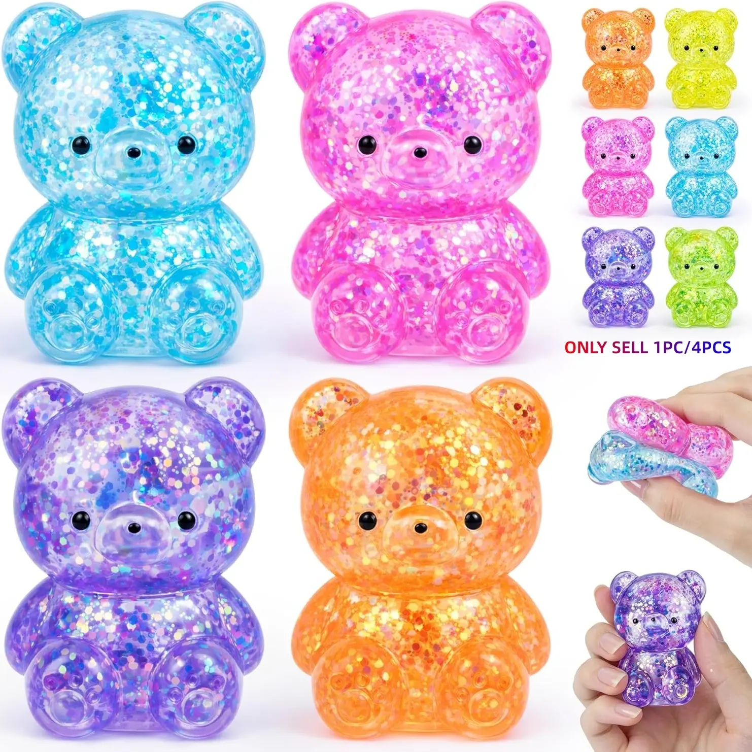4pcs/1PC Glitter Maltose Bear Squishy, Glittery Squishies, Viral TPR Slow Rising Fidget Toy, Colorful Sensory Stress Ball, Anxiety Relief, Desktop Decor, Christmas Birthday Goodie Bag Fillers, Stocking Stuffer#maltosesquishy #bearfidget #fidgettoy