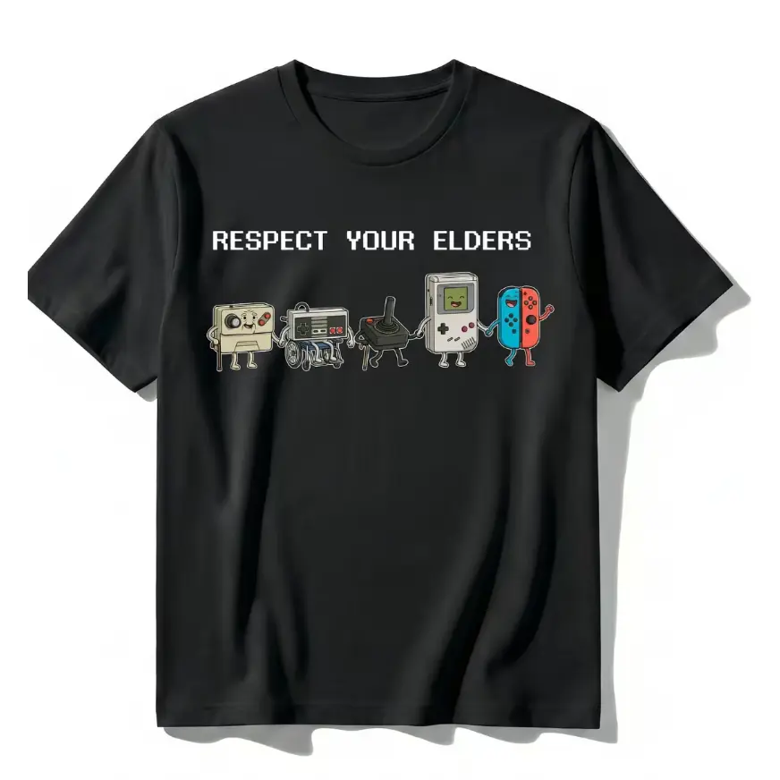 Respect Your Elders Retro Game Console Cartoon T-Shirt Funny Gamer Vintage Gaming Lovers Graphic Tee Men Women Casual Black Top Gift