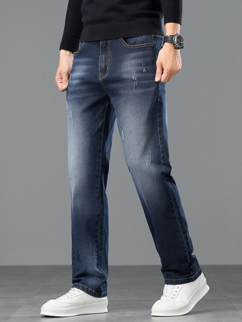 Men's Washed Denim Jeans, Thickened Fleece Lined Straight Leg Casual Pants, Fall Winter Fashion, Slimming & Height-Enhancing Design