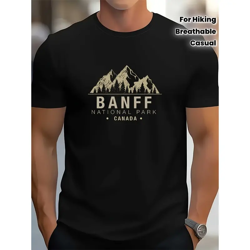 Men's Banff National Park Printed T-Shirt with Canadian Rocky Mountains and Bison Design, Stretchy Breathable Fabric, Casual Crew Neck Short Sleeve T-Shirt, Suitable for Hiking and Camping, Soft for Everyday Wear and Christmas Eve Outfits