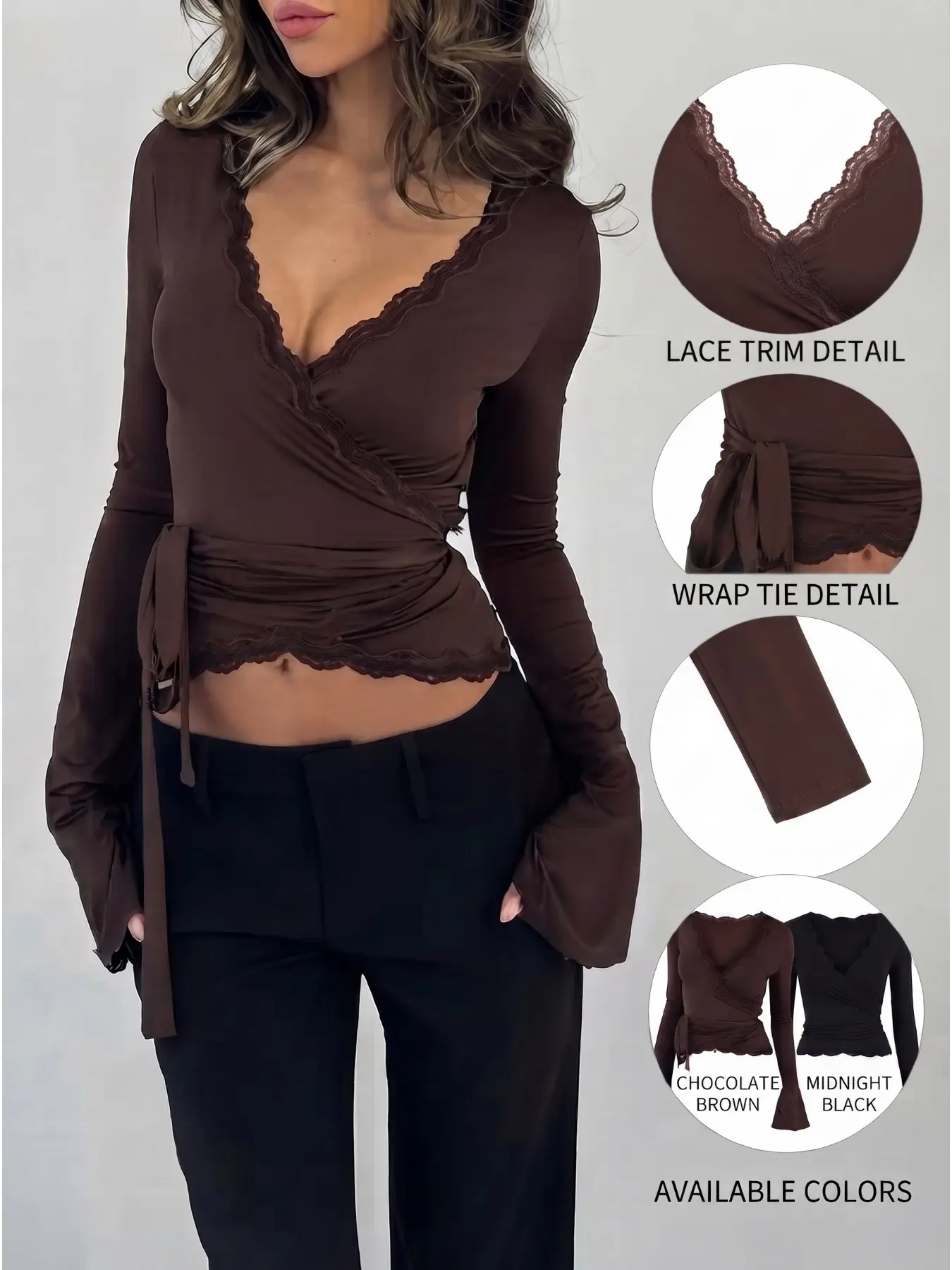 Y2K Balletcore Wrap Crop Top for Women, Lace Mesh Flare Long Sleeve Deep V Cross Over Self Tie Slim Fit Pilates Yoga Casual Daily Going Out Blouse