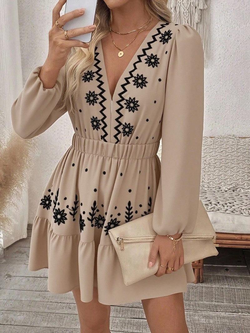 Women's Embroidered Deep V Neck Long Sleeve Dress, Full Floral Craftsmanship, Perfect Choice for Spring Summer Fall