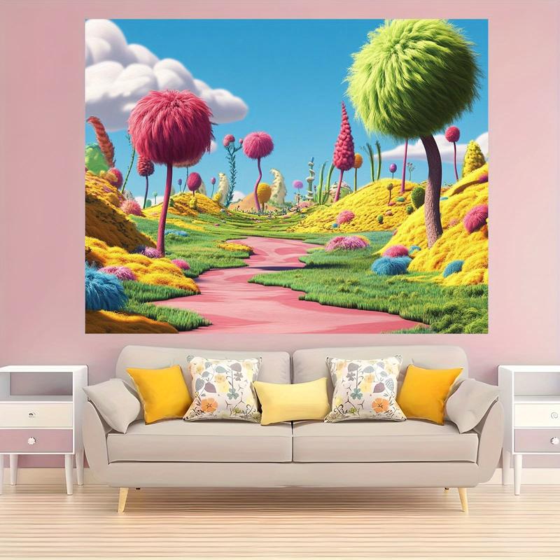 Vibrant Party Banner, Fun Dr Seuss Landscape Design, Trees, Winding Path, Soft Flowers, Indoor Outdoor Decor