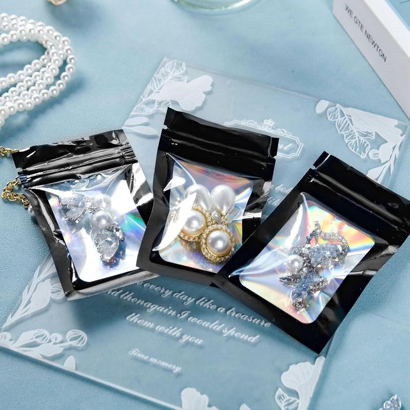Mylar Holographic Bags 300 Pack with Clear Window Resealable Smell Proof Organiser Bags Zipper Foil Pouch for Samples Small Business Black 4x6 Inches - Aluminium