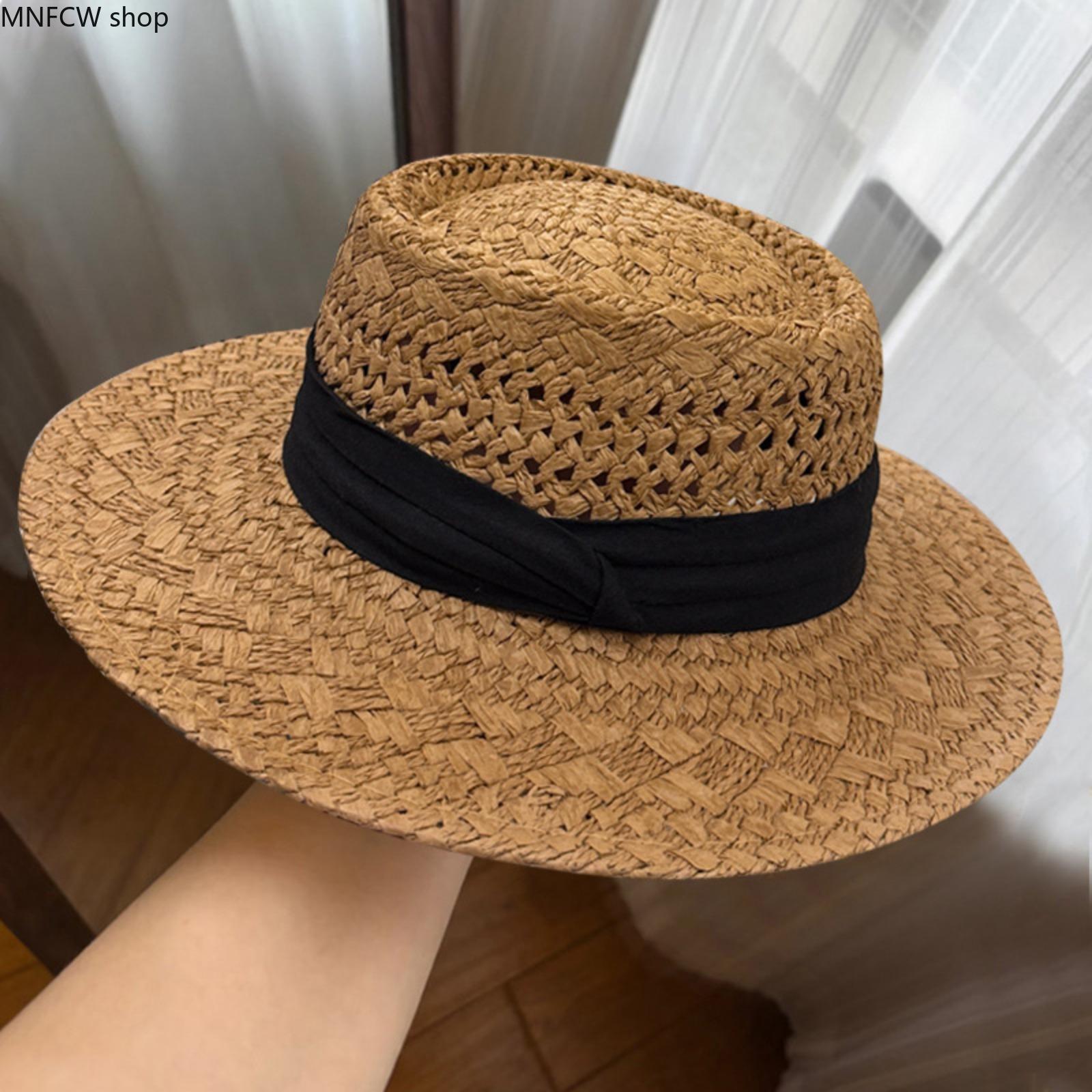 Women's Cotton Straw Hat - French-Style Flat-Top Wide-Brim Fedora, Casual Hat for Large Sizes, Beach Vacation Accessories for Women, Cotton Hat, Hats