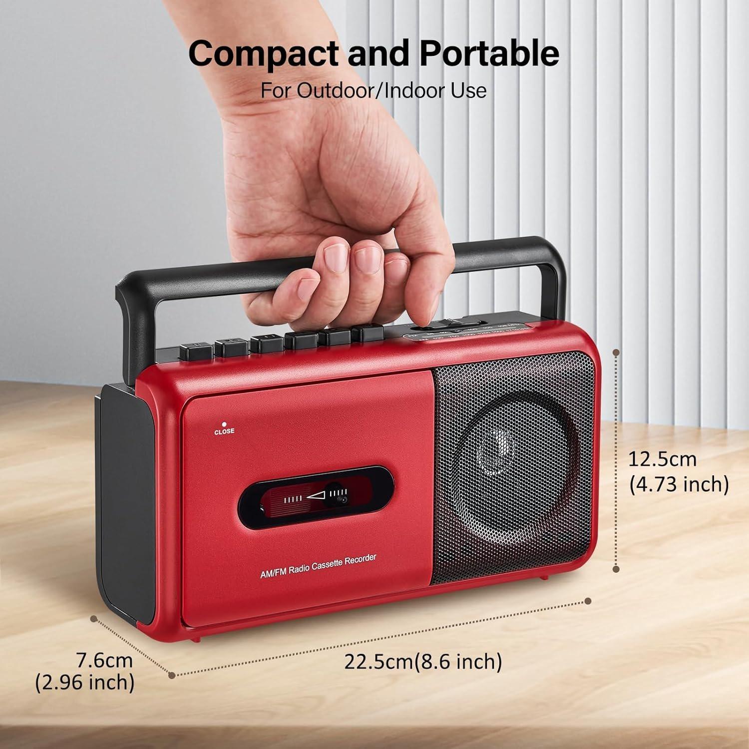 Portable Cassette Player Boombox AM/FM Radio Stereo, Casette Tape Player Recorder with Earphone Jack  Operated or AC  (Red)