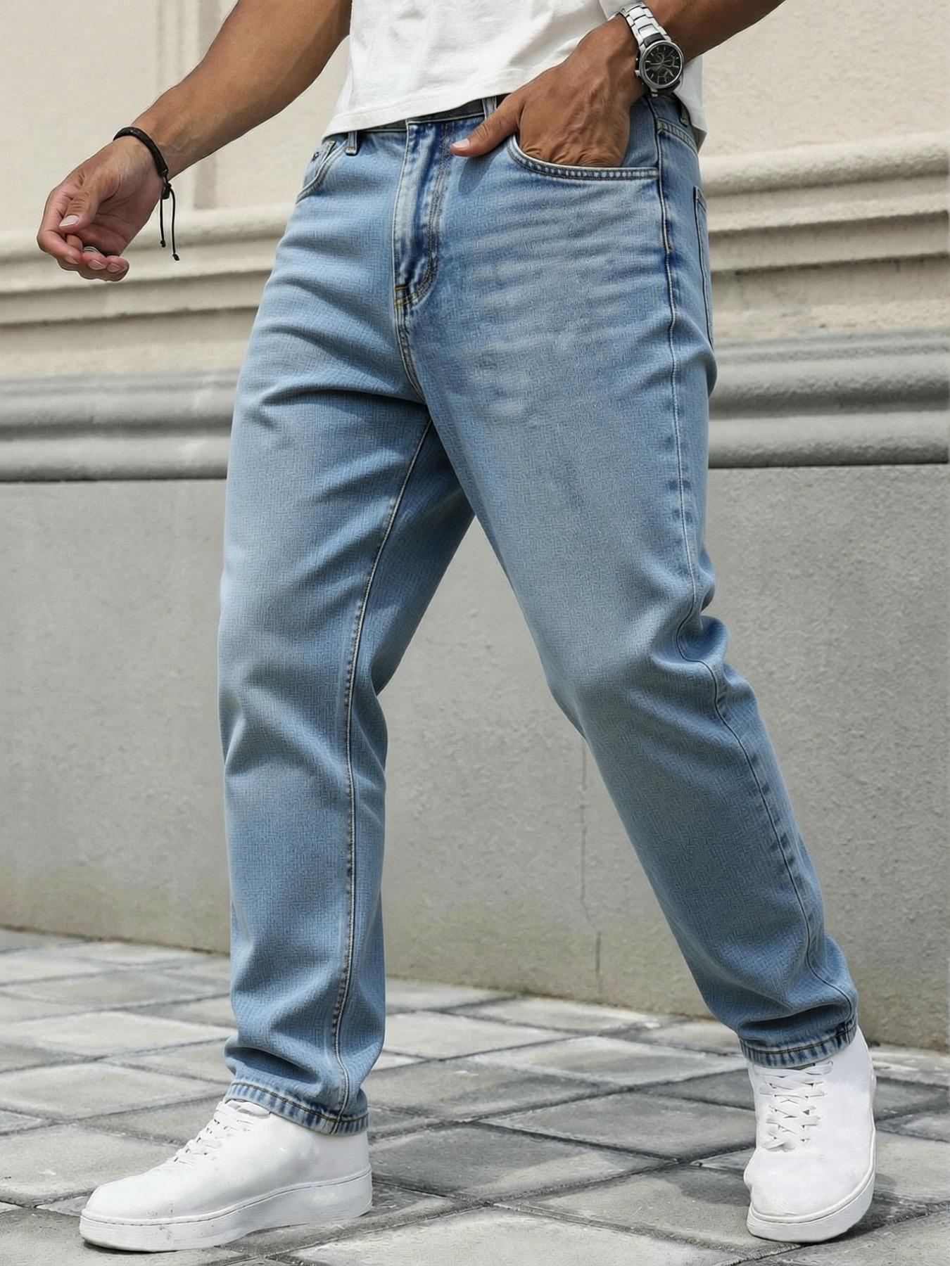 Men's straight-leg jeans, washed and distressed, with embroidered logo details. High-street casual denim pants with a comfortable regular fit. Suitable for daily casual wear, urban street style, and dating fashion looks. A must-have trendy men's pants 🔥