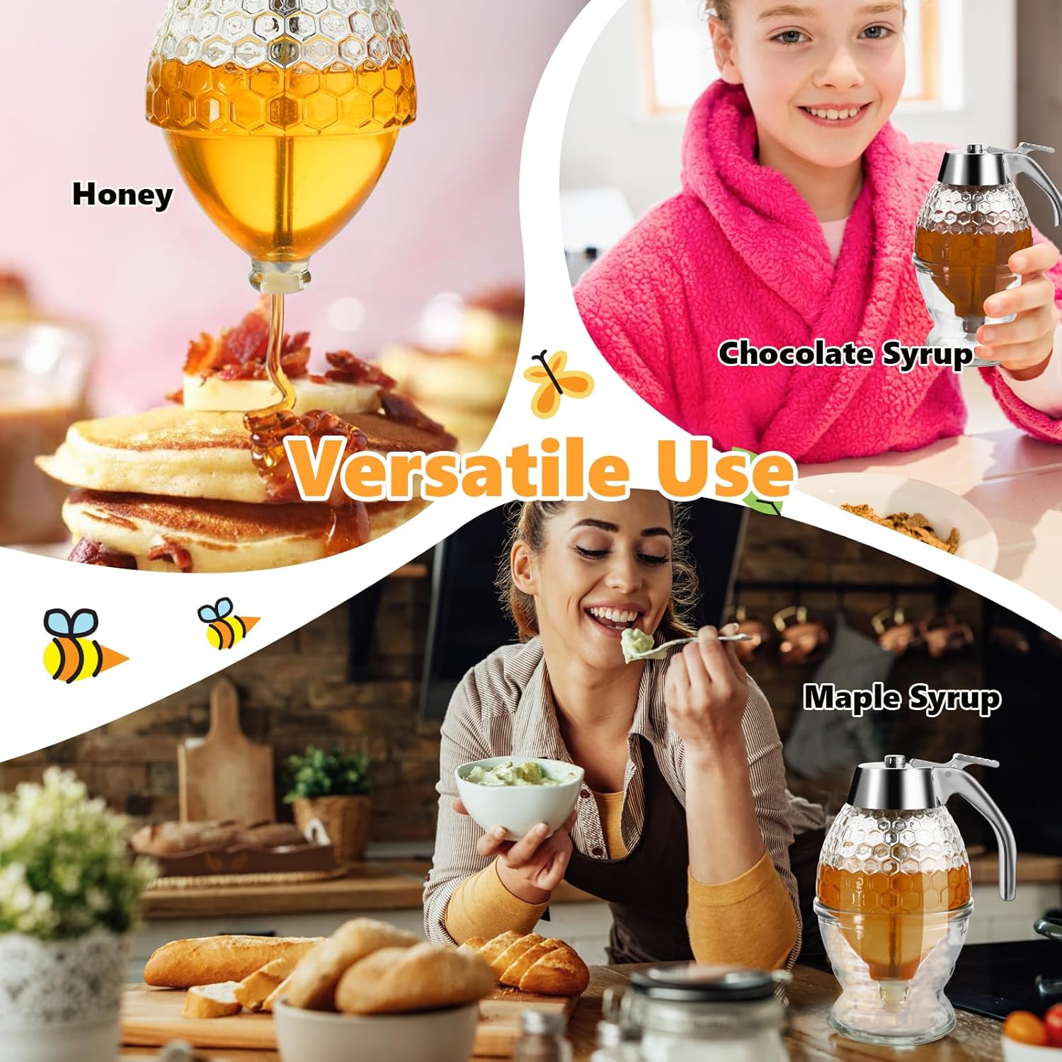 Honey Dispenser, Glass Honey Dispenser No Drip, Honey Pot with Stand, 8 oz Honey Jar, Maple Syrup Honey Container, Elegant  Design for  Decor for Any Occasion