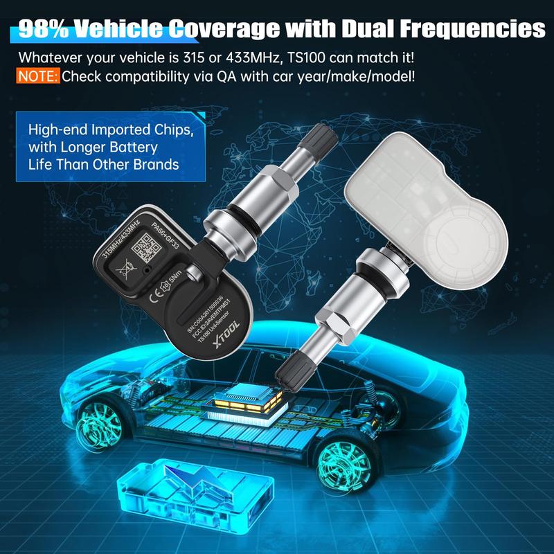 XTOOL TS100 Tire Sensor (315/433MHz), Programmable TPMS Sensor Replacement for XTOOL TP150/IP819TP Auto Parts Tire Pressure Monitoring System Car Accessories