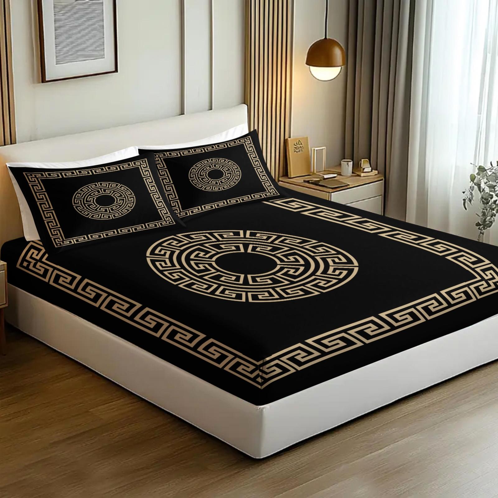 3 Pcs Solid Color Geometric Pattern Fitted Sheet Set,Includes 1 Fitted Sheet & 2 Pillowcases without Filler,Minimalist style, vintage and sophisticated look, soft and comfortable, Soft Bedding Sheet,Suitable for all seasons,Multiple styles available.