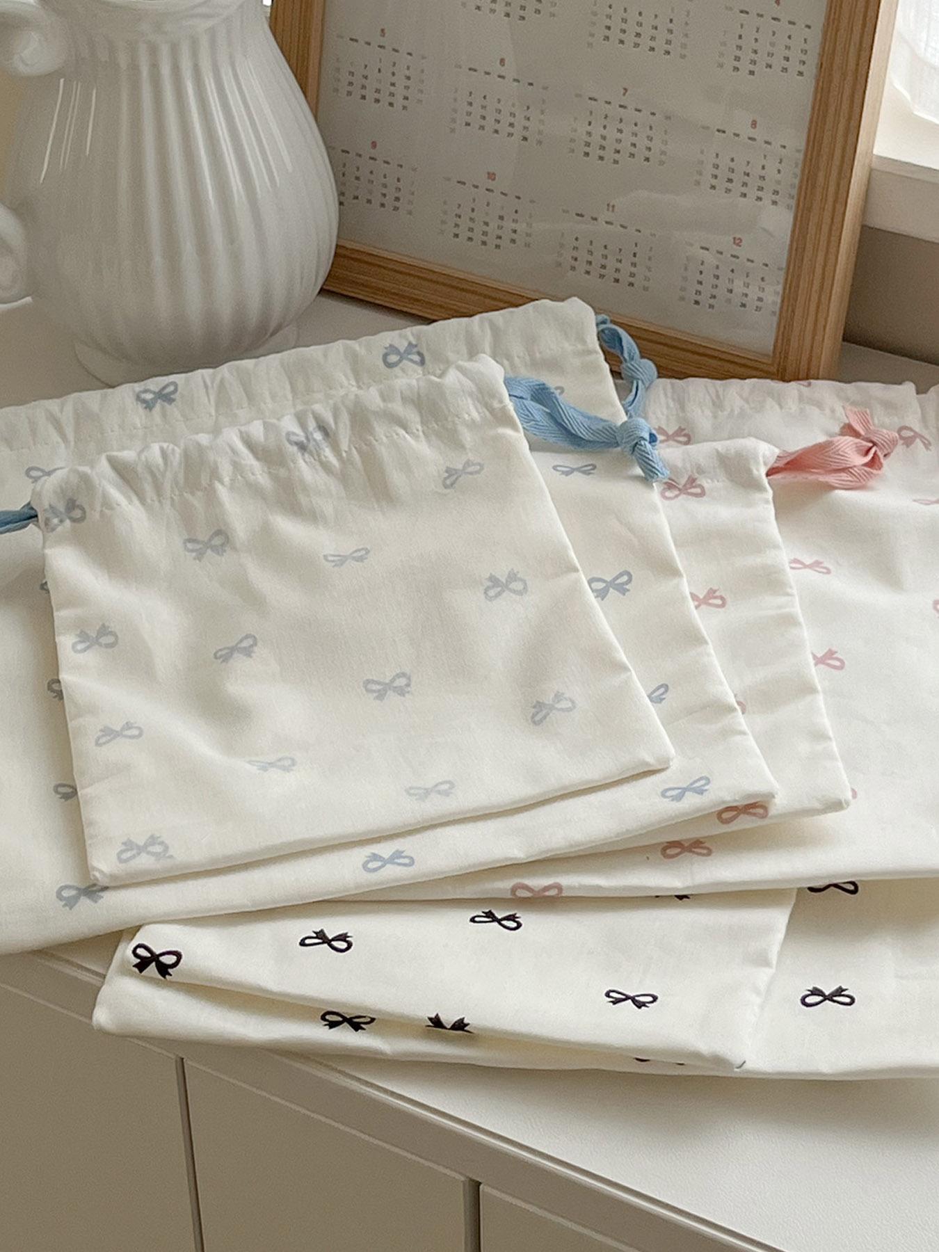 Sweet Bow Print Storage Bag Drawstring Backpack Cute Student Portable Travel Digital Organizer Hanging Bag New Year Valentine's Gift