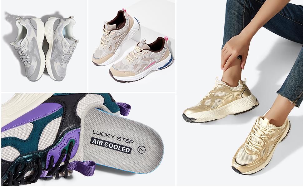 LUCKY STEP Women's Platform Chunky Fashion Sneakers Mesh Casual Running Tennis Workout Sport Work Trendy Athletic Walking Shoes Breathable Mesh Upper High-Density Foam Insole