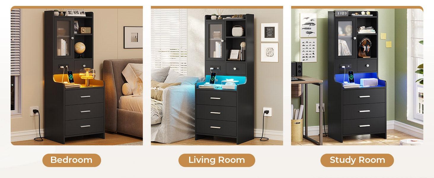 Sikaic Tall Nightstand with Charging Station, Black Bedside Table with Drawers & Glass Door, LED Night Stand with Bookshelf, End Side Table with Storage