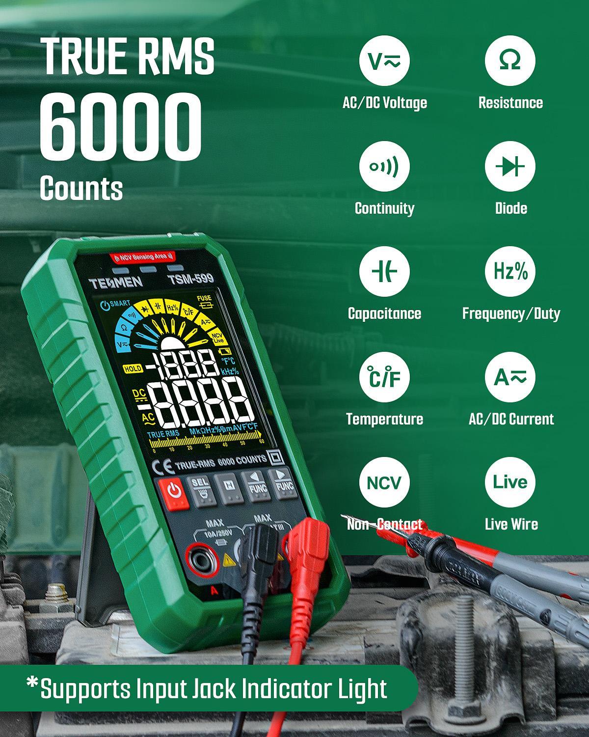 TESMEN TSM-599 Smart Multimeter, 6000 Counts, DC/AC Voltage & Current, Non-Contact Voltage Detection, Measures Resistance, Continuity, Capacitance, Frequency, Temperature, and Live Wire Testing TESMEN TSM-599 Smart Multimeter, 6000 Counts, DC/AC Voltage & Current, Non-Contact Voltage Detection, Measures Resistance, Continuity, Capacitance, Frequency, Temperature, and Live Wire Testing