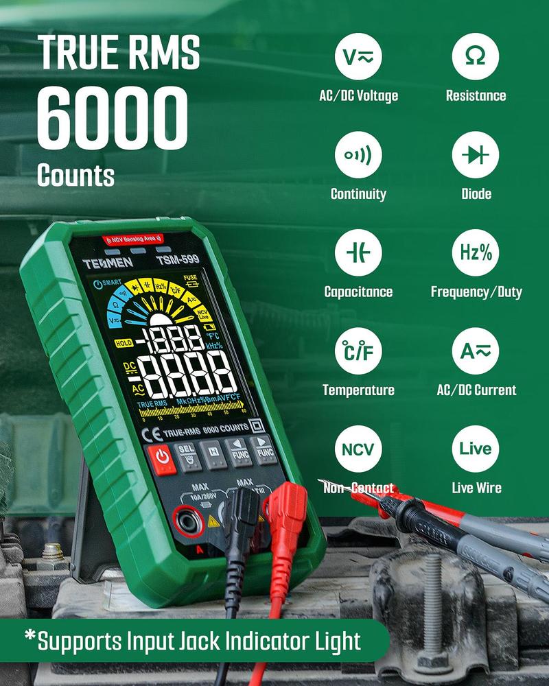 TESMEN TSM-599 Smart Multimeter, 6000 Counts, DC/AC Voltage & Current, Non-Contact Voltage Detection, Measures Resistance, Continuity, Capacitance, Frequency, Temperature, and Live Wire Testing TESMEN TSM-599 Smart Multimeter, 6000 Counts, DC/AC Voltage & Current, Non-Contact Voltage Detection, Measures Resistance, Continuity, Capacitance, Frequency, Temperature, and Live Wire Testing