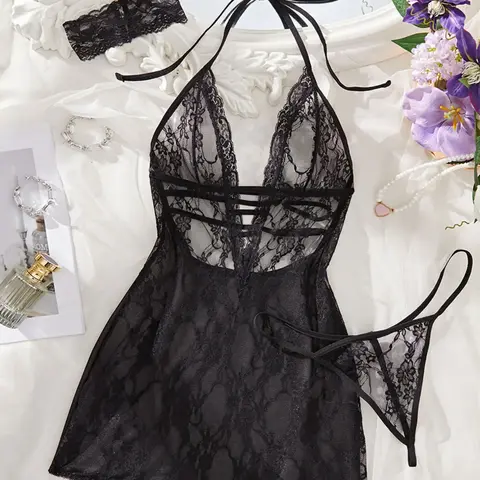 Women's Sexy Elegant Strapless Lace Sheer Nightgown Set, Romantic Healing Style, Semi-Transparent Fabric, Suitable for All Seasons, Nightwear, Loungewear