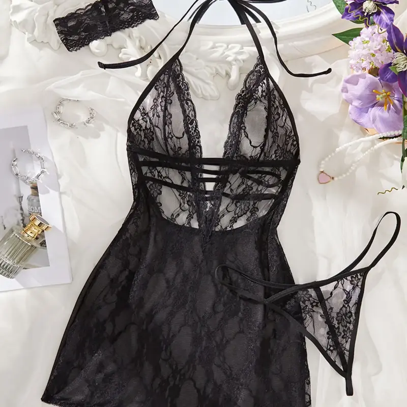 Women's Sexy Elegant Strapless Lace Sheer Nightgown Set, Soft Seductive Nightwear, Romantic Healing Style, Semi-Transparent Fabric, Suitable for All Seasons, Loungewear