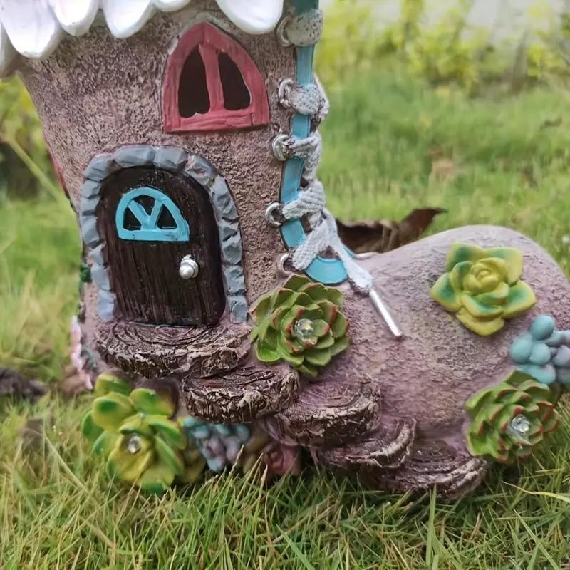 Outdoor Solar Boot House Resin Statue, Colorful Mushrooms, Flowers & Climbing Vine, Fairy Tale Garden Decor, Yard, Balcony, Lawn Ornament